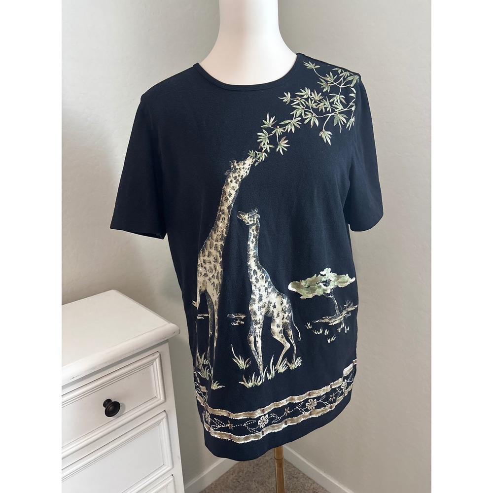 Alfred Dunner Vintage Black Beaded Giraffe Safari Graphic Tee Shirt Womens M